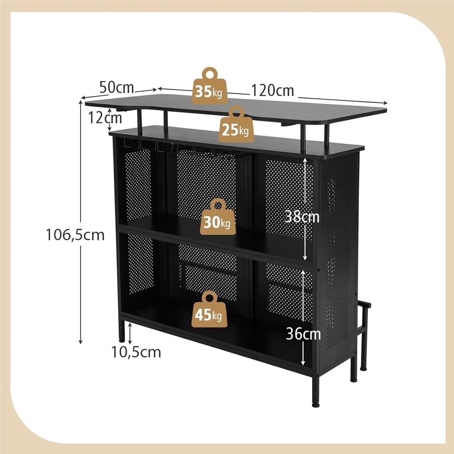 Bartafel – Barmeubel – Keukentafel – Tafel Met Opbergruimte – Zwarte Metalen Frame – Verstelbare Poten – 120 x 50 x 106,5 cm – Inclusief Voetsteun