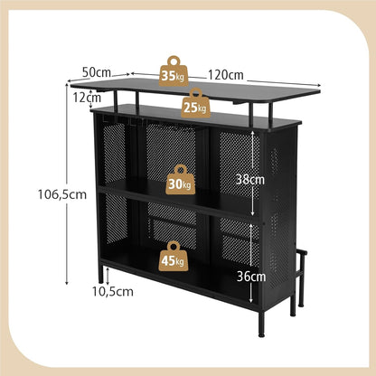Bartafel – Barmeubel – Keukentafel – Tafel Met Opbergruimte – Zwarte Metalen Frame – Verstelbare Poten – 120 x 50 x 106,5 cm – Inclusief Voetsteun