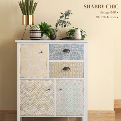 Sideboard – Dressoir – Opbergkast – Bijzetkast – Ladekast – Wit Shabby Chic – Massief Dennenhout – Compact Formaat 68x34x80 cm