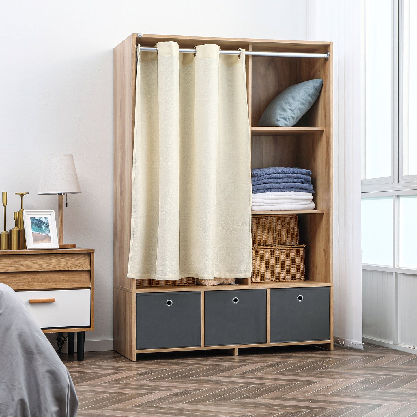 Kledingkast – Garderobekast – Opbergkast – Kleerkast – Dressoir – Naturel Houtlook – 3 Afneembare Stoffen Lades – 117,5 cm Ruime Kledingstang