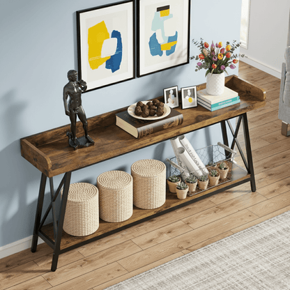 Sidetable – Consoletafel – Wandtafel – Haltafel – Bijzettafel – Extra Lang 178 cm – Industrieel Rustiek Bruin – Stevig MDF – Inclusief Krukken