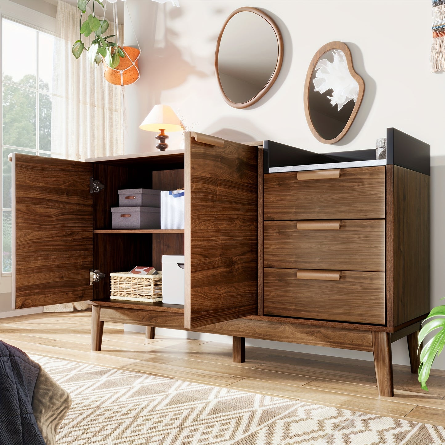 Opbergkast – Kast – Opbergmeubel – Dressoir – Kastje – Modern Klassiek – Bamboe Met Marmerlook Blad – Vrijstaand Ruimtebesparend Bruin