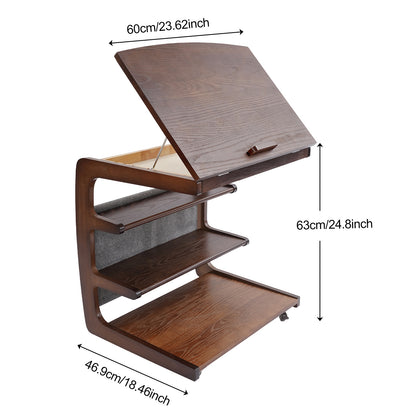 Mobiele Bijzettafel – Sofa Trolley – Bedtafel – Laptop Tafel – Opbergrek – 4 Lagig – Verstelbaar Bovenblad – Houtlook Bruin