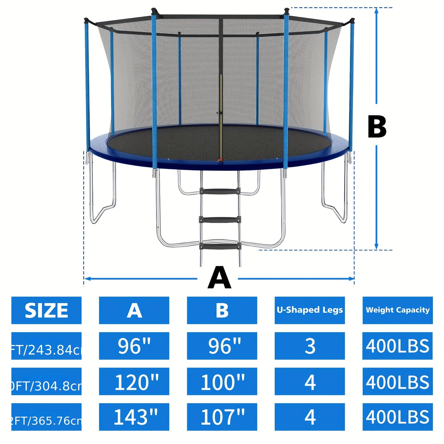 243.84-365.76cm Heavy-Duty Adjustable Trampoline with Safety Net & Spring Pad, 181.44 KG Capacity, Galvanized Steel Frame, Blue Jumping - /Outdoor Use, & Trampoline, Easy Assembly, Sturdy Enclosure System