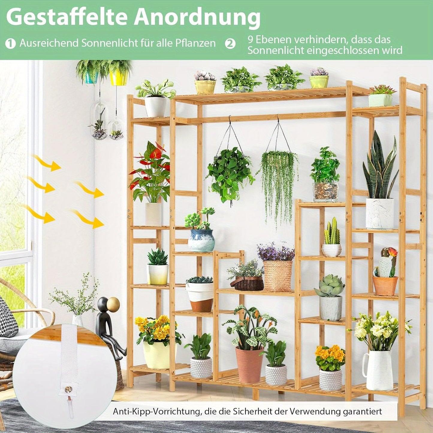 Plantenrek – Plantenstandaard – Plantentrap – Bloemenrek – Plantentafel – 9 Lagen Bamboe – Anti-omval Systeem
