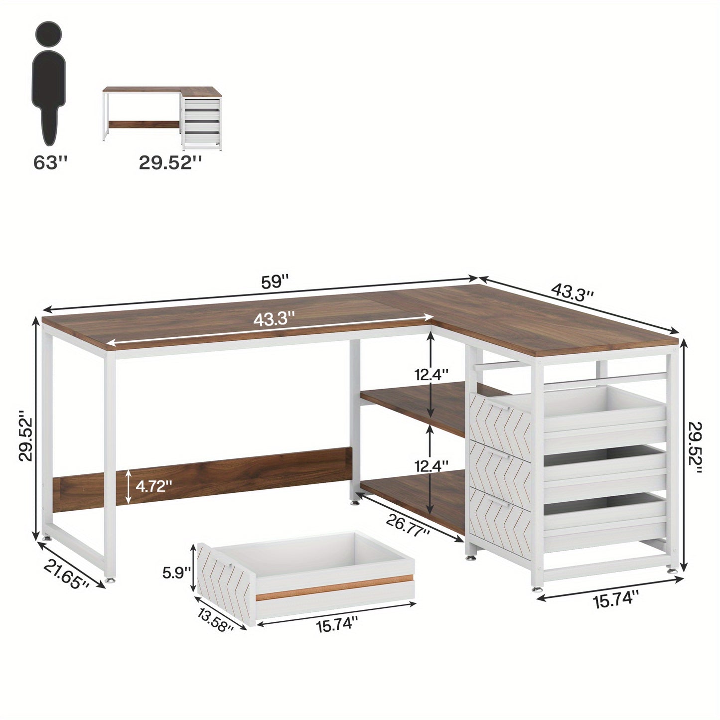 Hoekbureau – Bureau – Computertafel – Werkplek – Schrijftafel – L-vormig en omkeerbaar ontwerp – Stevig MDF met walnoot & wit