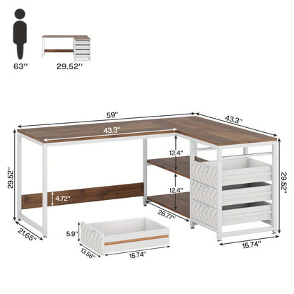 Hoekbureau – Bureau – Computertafel – Werkplek – Schrijftafel – L-vormig en omkeerbaar ontwerp – Stevig MDF met walnoot & wit