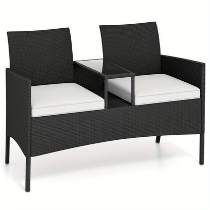 Buitentuin Loveseat – Tuinbank – Patio Sofa – Balkonbank – Tweezitsbank – Weerbestendig PE Rattan – Met Tempered Glas Tafel