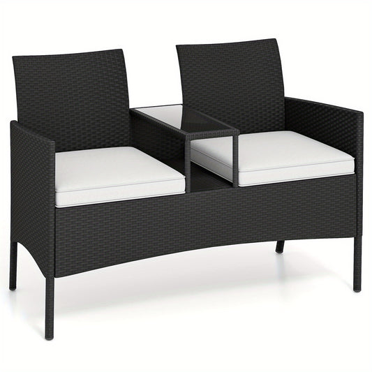 Buitentuin Loveseat – Tuinbank – Patio Sofa – Balkonbank – Tweezitsbank – Weerbestendig PE Rattan – Met Tempered Glas Tafel