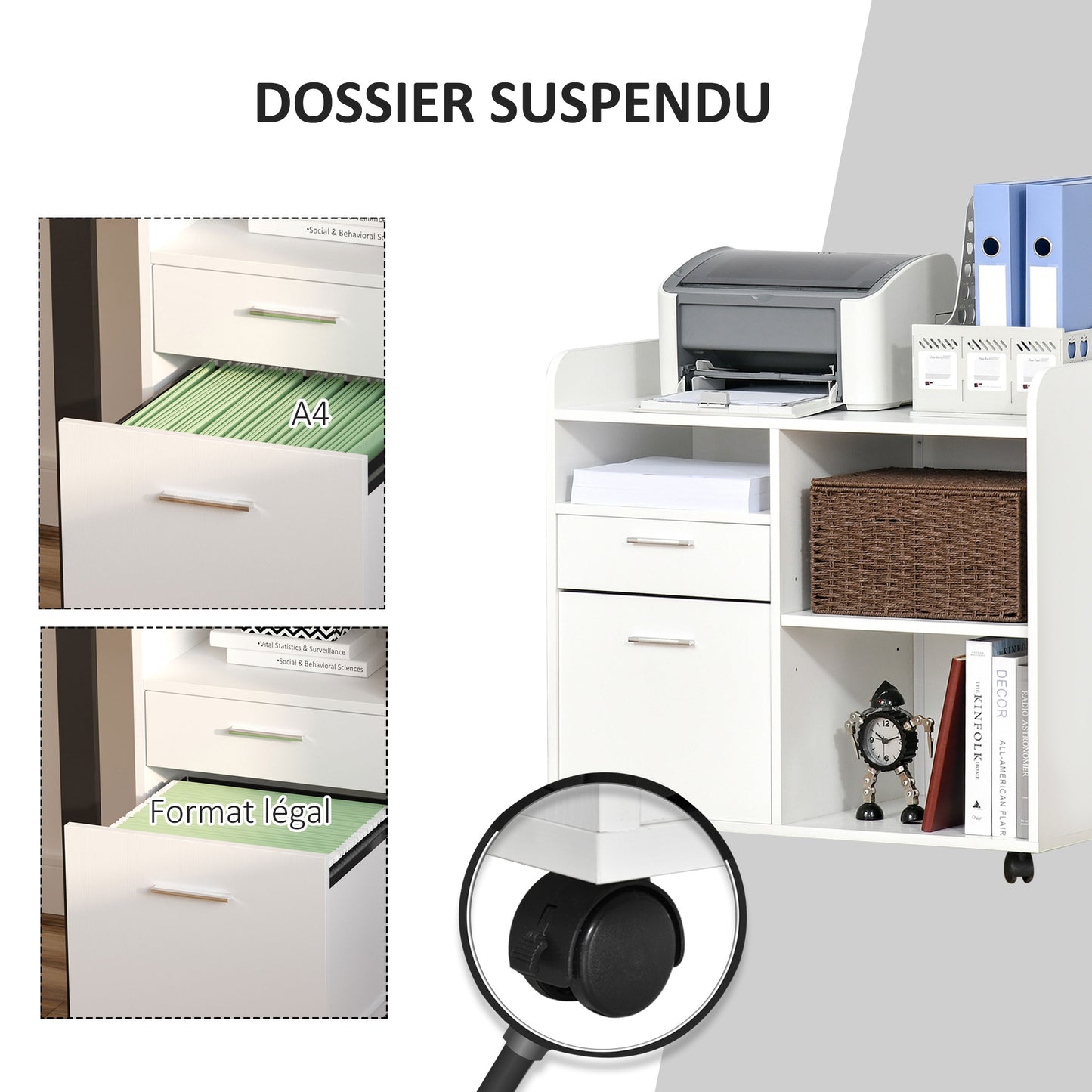 Bureau Organizer – Pennenbakje – Documentenbak – Opberglade – Printerstandaard – Wit Hout – Verstelbare Plank – Mobiele Zwenkwieltjes