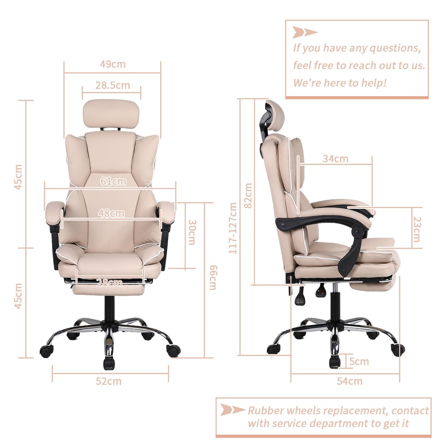 Bureaustoel – Werkstoel – Gamestoel – Kantoorstoel – Bureaustoel Beige – Ergonomisch Met Voetensteun – 360° Draaibaar Met Zachte Kussen