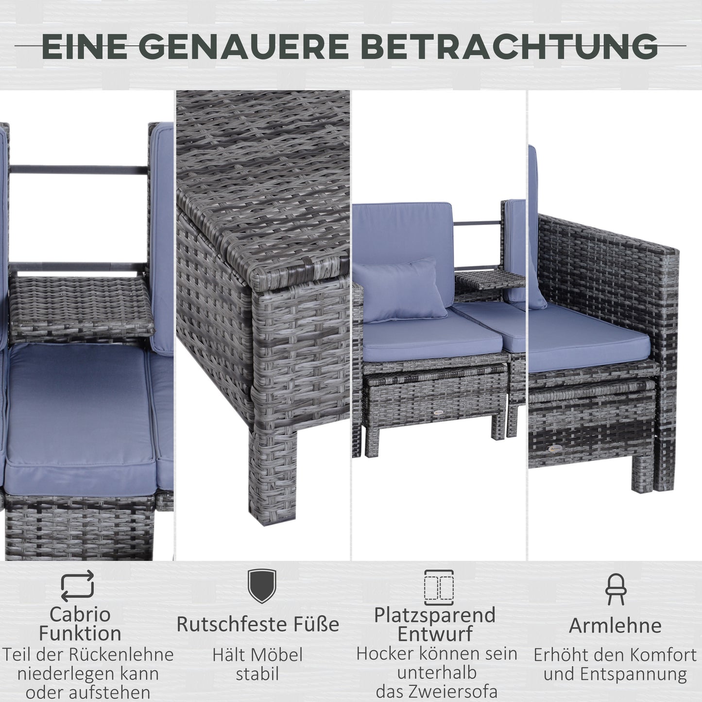 3-delige Loungeset – Tuinmeubelset – Tuinbank – Loungesofa – Rattan Set – Grijs – Verstelbare Rugleuning – Weerbestendig Poly Rattan Met Metalen Frame
