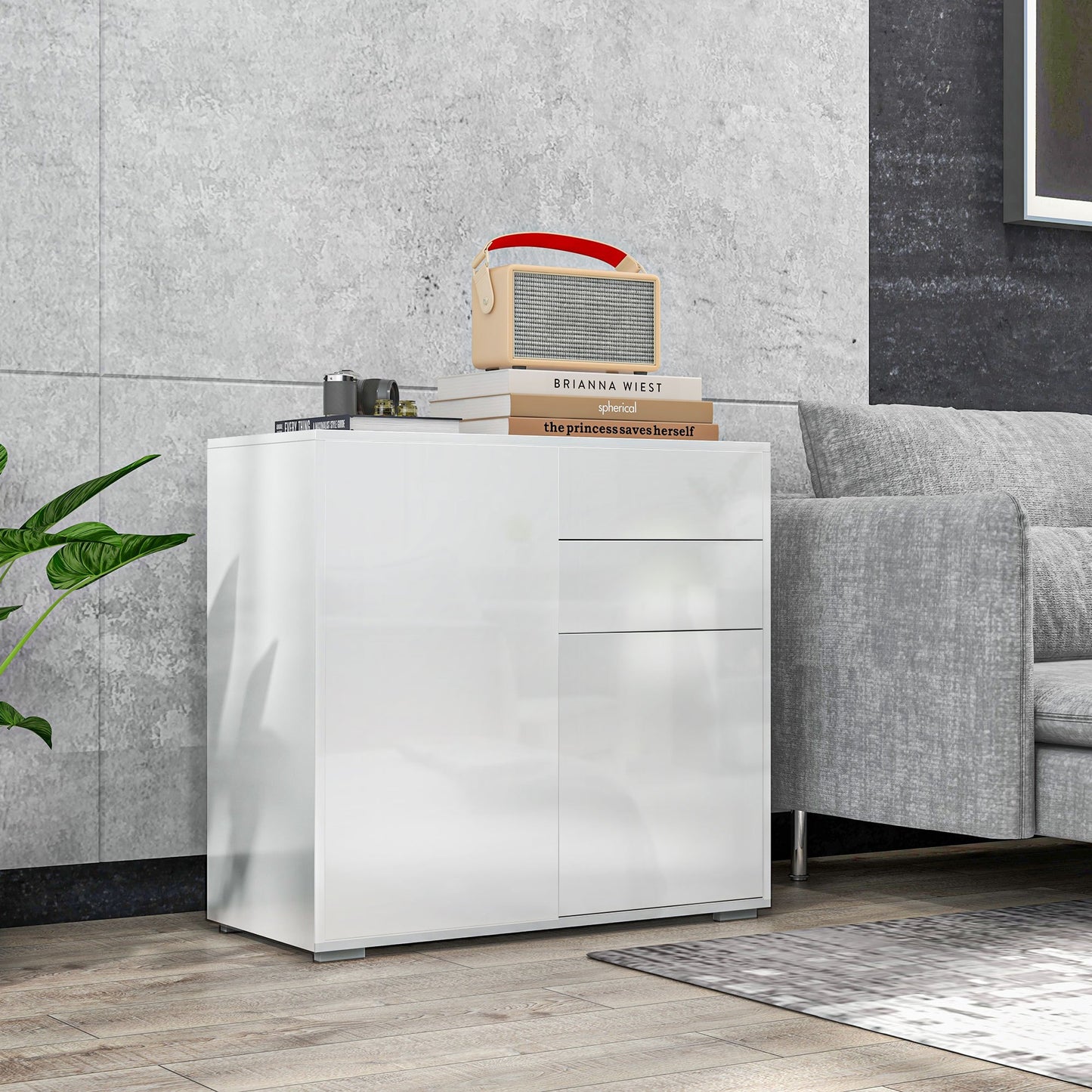 Commode – Ladekast – Opbergkast – Dressoir – Babykamermeubel – Witglanzend – 79x36x74 cm – Druk-open systeem