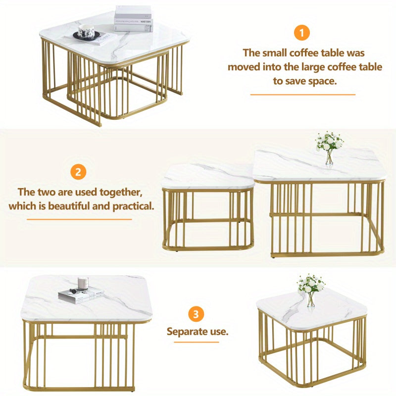 Salontafel Set – Bijzettafel – Tafeltje – Woonkamertafel – Tafel Vierkant – Hoogglans Marmerlook – Gouden Poten – Verstelbare Voetjes – MDF – 70x70x45 & 50x50x36,5 cm