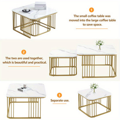 Salontafel Set – Bijzettafel – Tafeltje – Woonkamertafel – Tafel Vierkant – Hoogglans Marmerlook – Gouden Poten – Verstelbare Voetjes – MDF – 70x70x45 & 50x50x36,5 cm