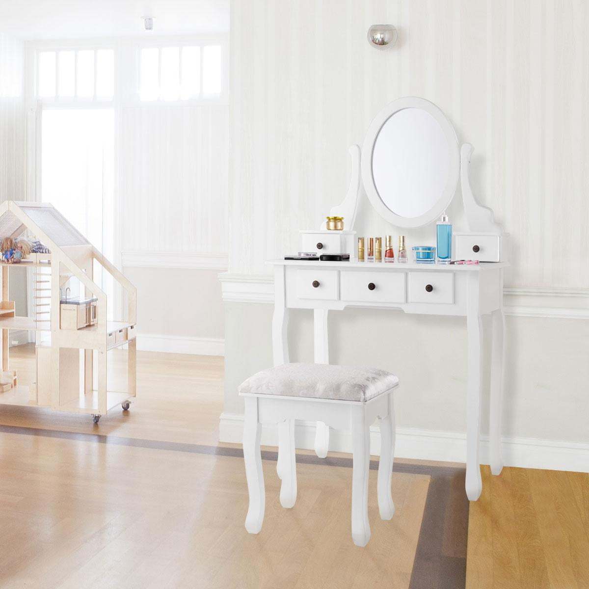 Kaptafel – Make-uptafel – Schminktafel – Beauty Tafel – Dressing Table – Draaibare Spiegel – 5 Laden – Gestoffeerde Kruk – Modern Design – Glas & Kunststof