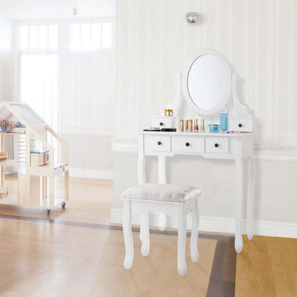 Kaptafel – Make-uptafel – Schminktafel – Beauty Tafel – Dressing Table – Draaibare Spiegel – 5 Laden – Gestoffeerde Kruk – Modern Design – Glas & Kunststof