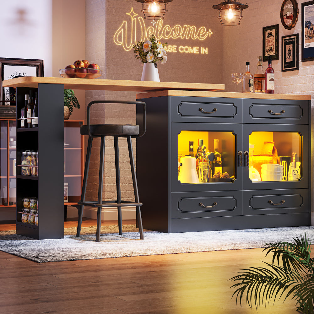 Uitklaptafel – Klaptafel – Vouwtafel – Bartafel – Eettafel – Uitschuifbaar 135-203 cm – Opbergruimte – 360° Draaibaar – Modern Zwart Metaal & Glas