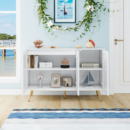 Modern White Metal Storage Cabinet with 3D Carved Pattern Doors & Golden Legs - Large Contemporary Sideboard with 3 Doors, Spacious Multi-Compartment Design for Living Room, Hallway, Bedroom - Durable Metal Construction, Eleg