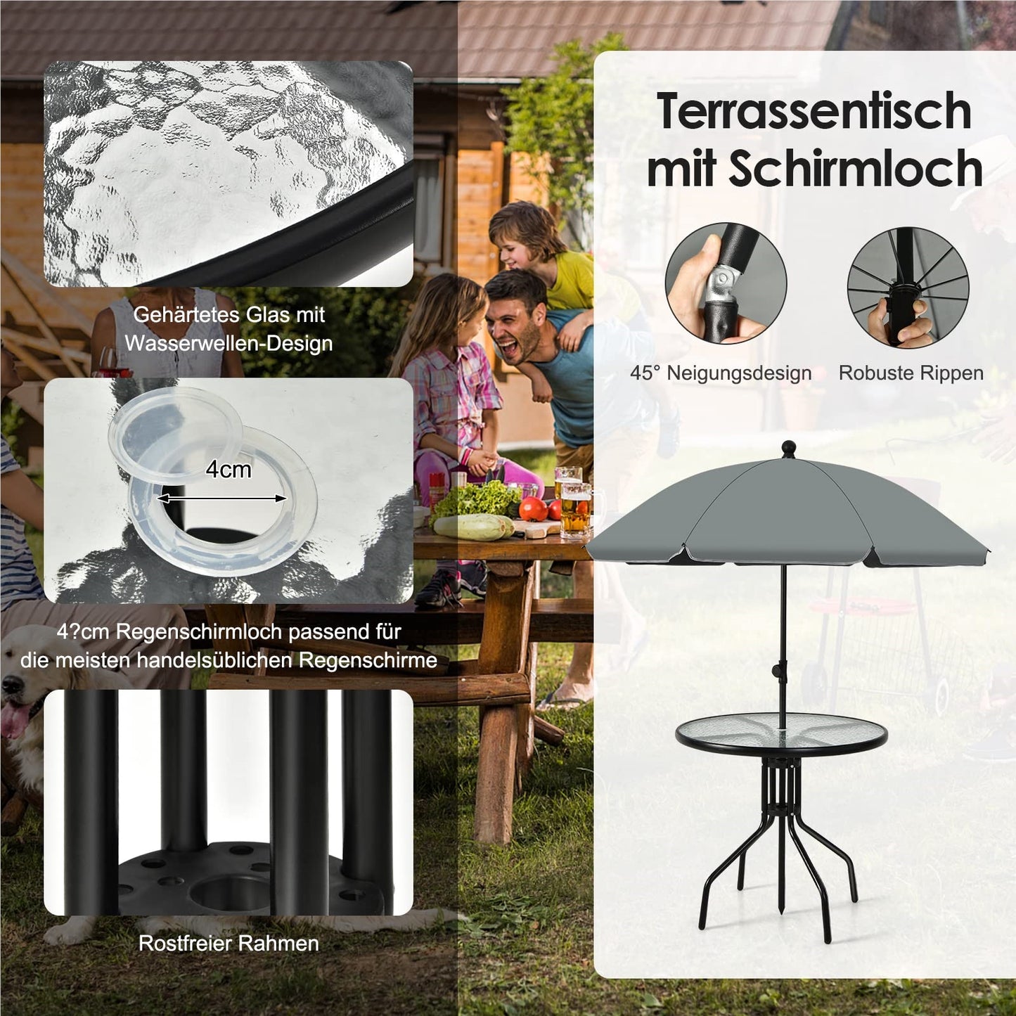 6-delige Tuinset – Tuinmeubelset – Balkonset – Buitenset – Lounge Set – Inklapbare Stoelen – Tafel Met Gehard Glas – Grote Kantelbare Parasol 180 cm – Zwart + Grijs