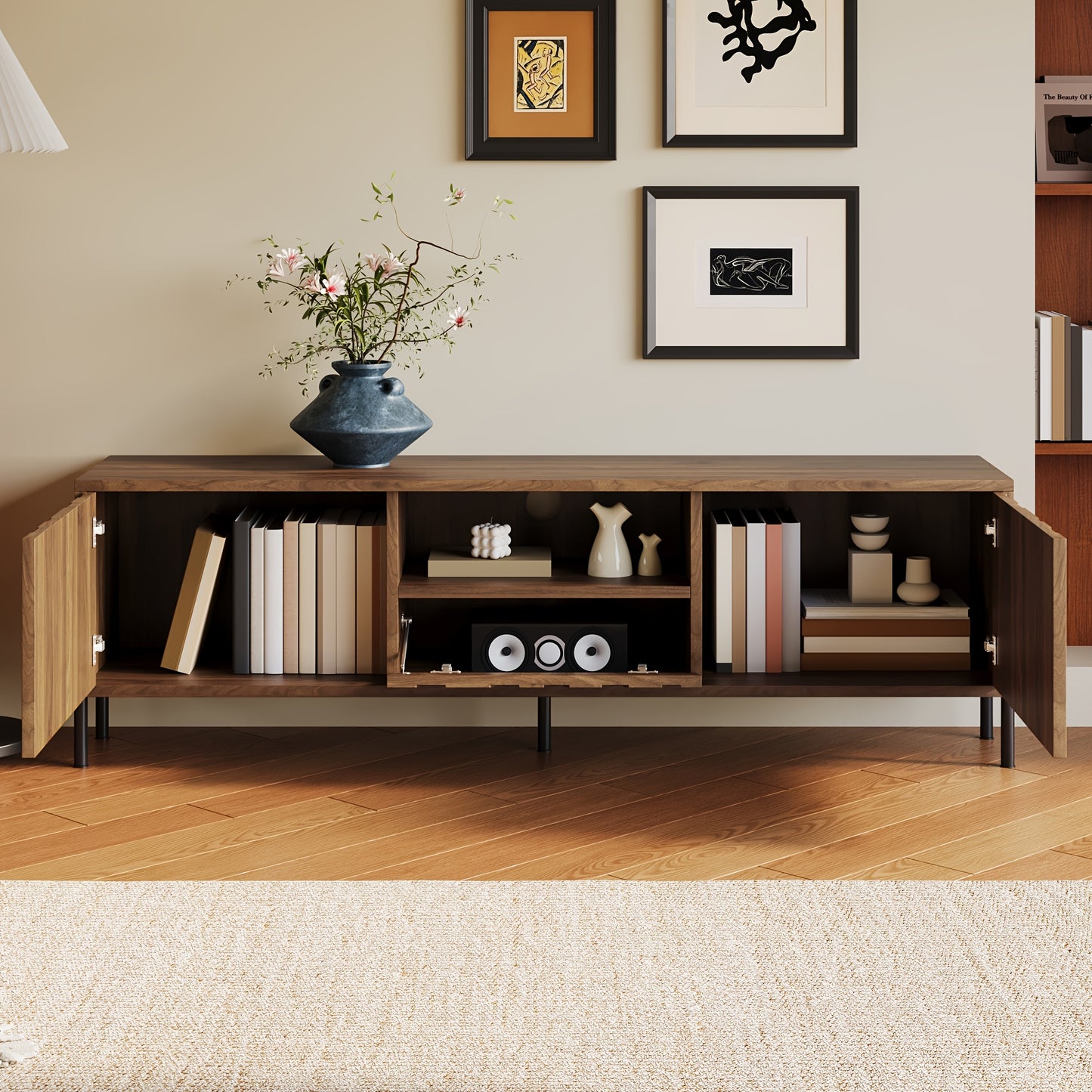 TV-meubel – TV-kast – Lowboard – Dressoir – Media meubel – 3D Gestreept – Bamboe – Laag Ontwerp – Vloerplaatsing