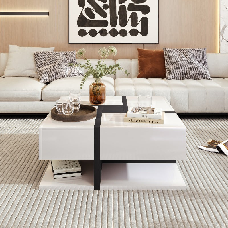 Moderne Salontafel – Hoge Glans Tafel – Opbergtafel – Lade Tafel – Vierkante Tafel – 4 Uittrekbare Laden – Duurzame Constructie – 78x78x36 cm