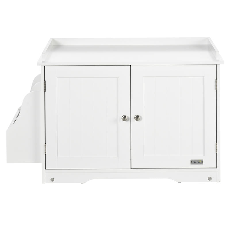 Modern White Cat Litter Box & House with Magnetic Double Door, Partitioned Interior, Side Storage Shelf - Spacious Multi-Functional Cat Enclosure with Ventilation System, Odor Control & Easy-Clean Design, Durable Construction