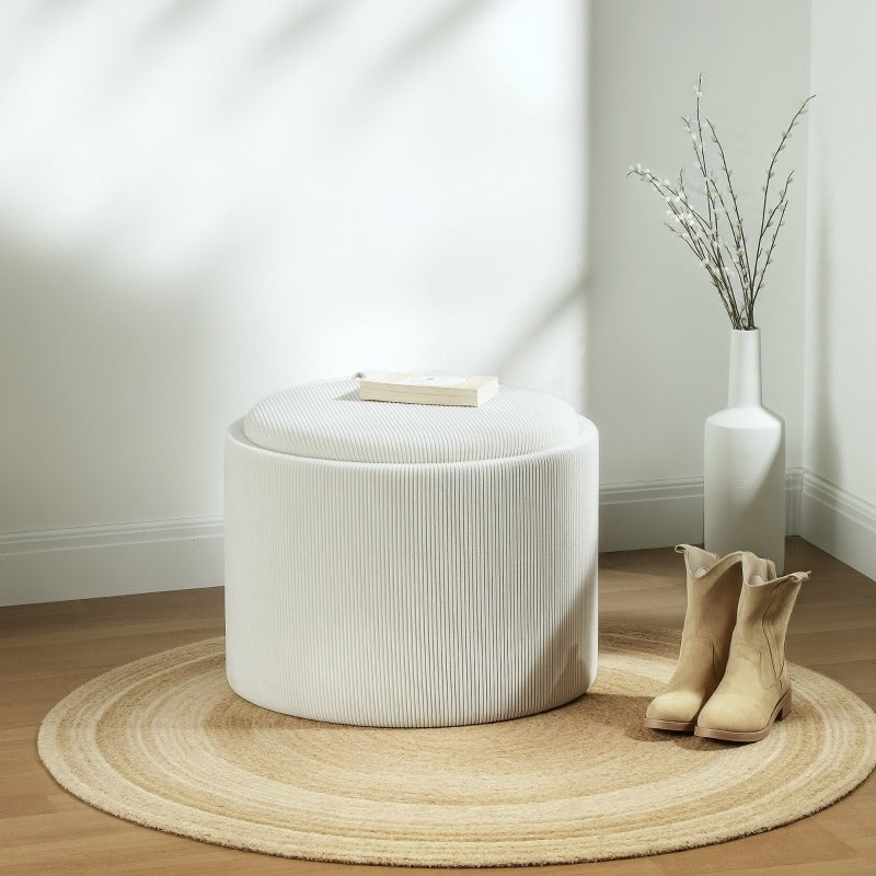 Opbergpoef Rond – Opbergkruk – Voetenbank – Zitkussen – Multifunctionele Hocker – Met Afneembaar Deksel – Padded Zitting – Compact Voor Kleine Ruimtes (56x56x42cm)