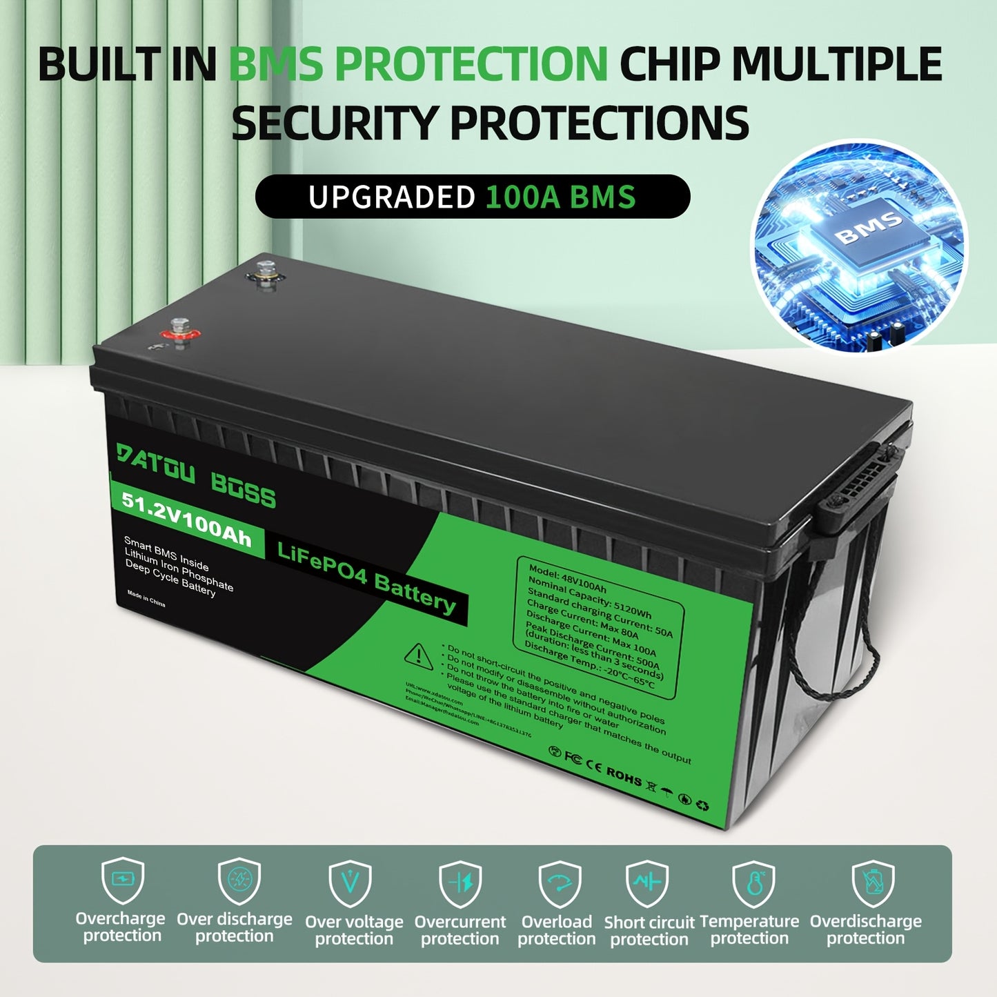 LiFePO4 Accu – Lithium Batterij – Deep Cycle Accu – Zonne-energie Accu – Marine Accu – 48V 100Ah – 15000+ Cycli – 100A BMS Veiligheidssystemen