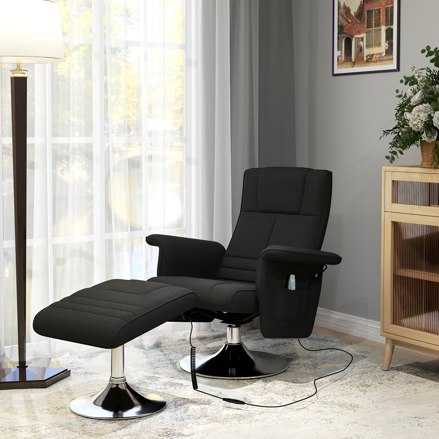 Lounge Chair – Relaxfauteuil – Draaifauteuil – Accentstoel – Fauteuil Zwart – Duurzaam Bamboe Frame – Handmatige Verstelling Met Voetensteun