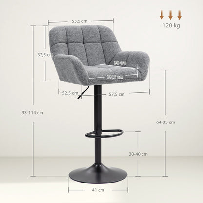 Barkrukken – Barstoelen – Krukken – Hoge Stoelen – Keukenkrukken – Verstelbare Zithoogte – Zachte Fleece Bekleding – Set van 2 – Retro Design Grijs Zwart