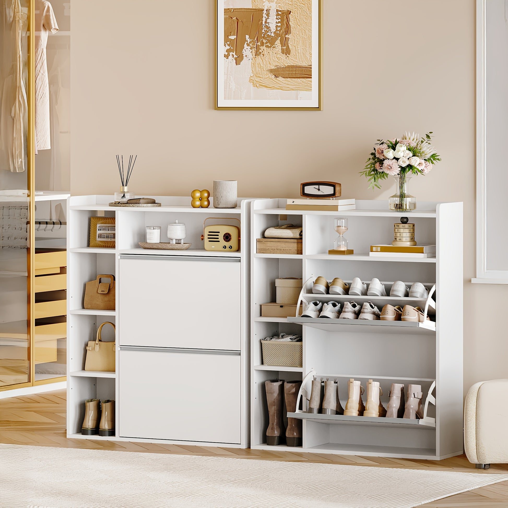Narrow Shoe Cabinet with 2 Doors, Narrow Shoe Chest with 5 Open Compartments, Adjustable, Shoe Rack for 8-12 Pairs Of Shoes, for Hallways, Entrances, 84.7 X 24 X 102cm, White - QUORE