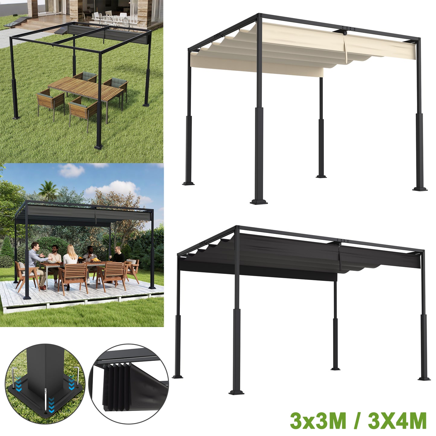 Pergola – Tuinpaviljoen – Terrasoverkapping – Tuinoverkapping – Balkonoverkapping – 3x3 m – Verstelbare Schaduw – Stevig Aluminium Frame