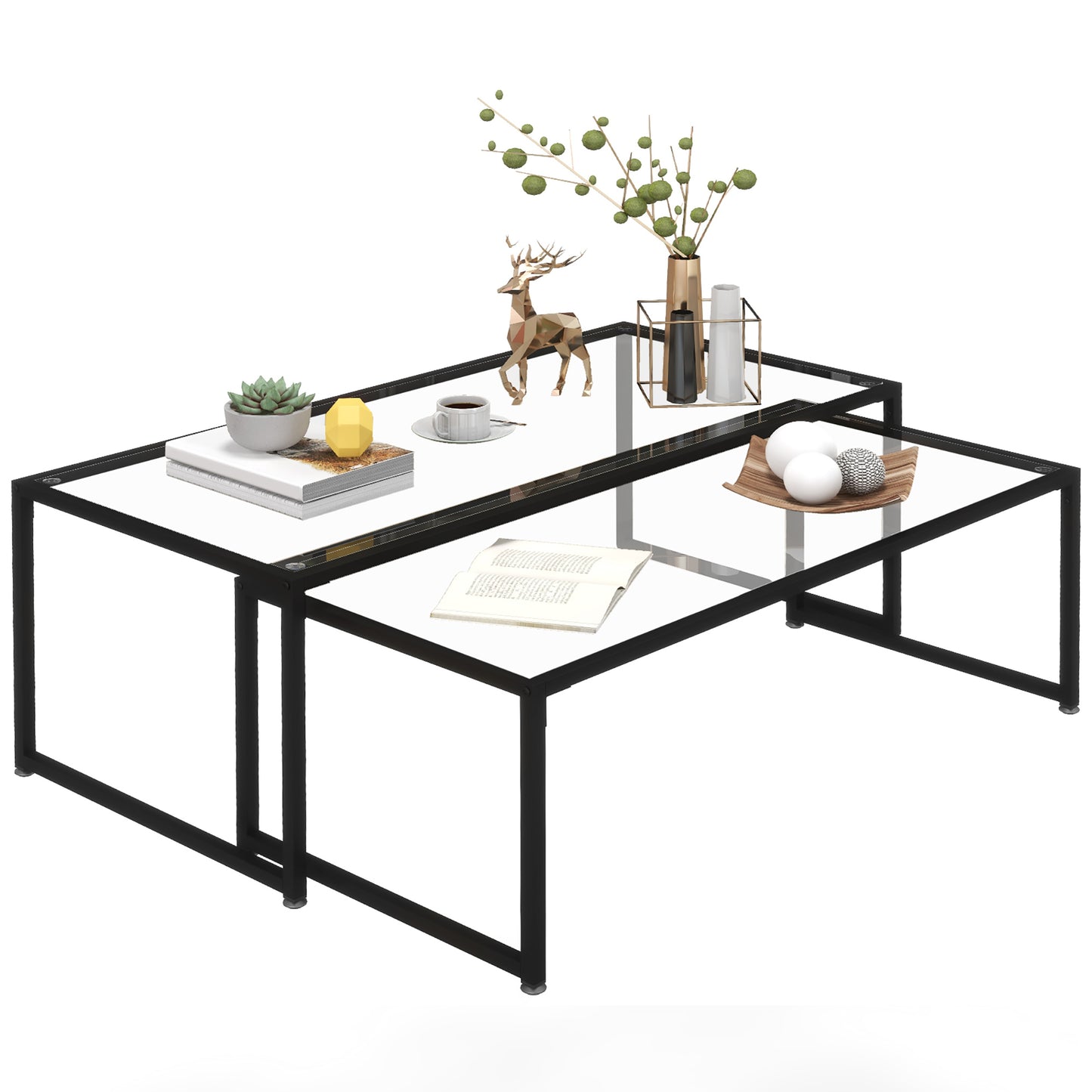 Nesting Salontafel – Bijzettafel – Woonkamertafel – Tafelset – Zwart Geharde Glas – Stalen Frame – Ruimtebesparend Design – Set Van 2