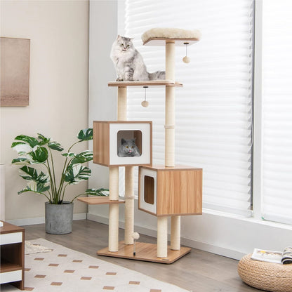 Krabpaal – Kattenboom – Krabmeubel – Kattenhuis – Kattentoren – Meerlaagse Speelboom – Natuurlijk Sisal – 163 cm Hoog – 2 Ruime Condos – Zachte Kussens – Inclusief Speelballen