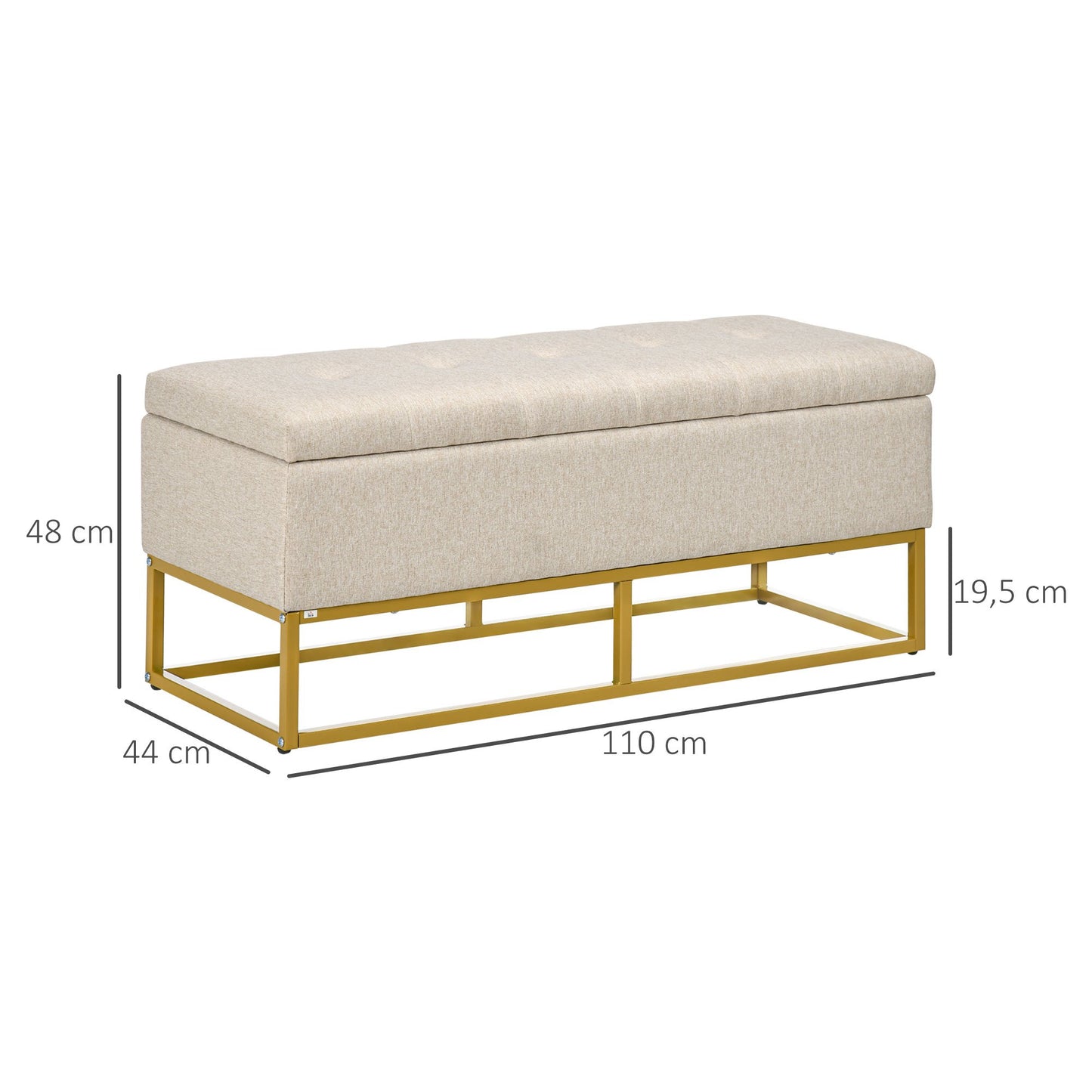 Opbergbank – Opbergbank – Zitkist – Bankje – Opbergbox – Beige Stoffering – Hoog draagvermogen 200 kg – Gouden Metalen Poten – 110x44x48 cm