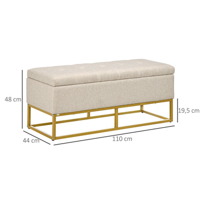 Opbergbank – Opbergbank – Zitkist – Bankje – Opbergbox – Beige Stoffering – Hoog draagvermogen 200 kg – Gouden Metalen Poten – 110x44x48 cm