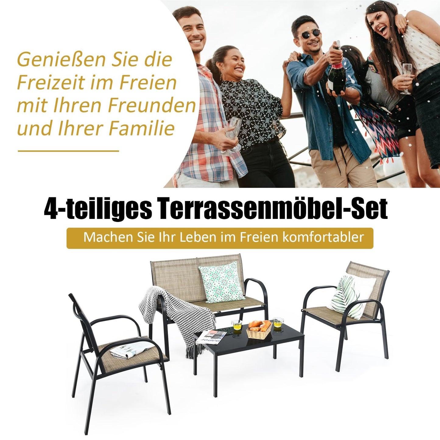 Tuinmeubelset 4-Delig – Tuinset – Loungeset – Balkonmeubilair – Terrasmeubilair – Weerbestendig Metaal – Met Glas – Bruin