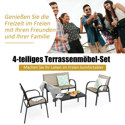 Tuinmeubelset 4-Delig – Tuinset – Loungeset – Balkonmeubilair – Terrasmeubilair – Weerbestendig Metaal – Met Glas – Bruin
