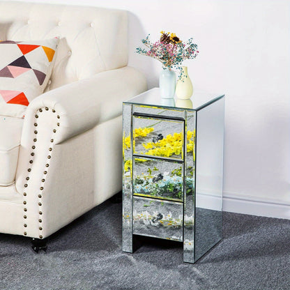 Spiegelend Nachtkastje – Spiegelend Nachtkastje – Bedkastje – Opbergkastje – Ladekastje – 30 x 30 x 60 cm – Met 3 Lades – Met Verstelbare Poten