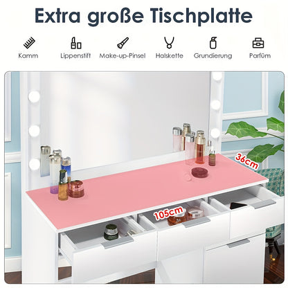 White Vanity Desk with a Mirror And Stool, Featuring Drawers And Modern Design, Equipped with 12 Adjustable LED Lights for Brightness Control.