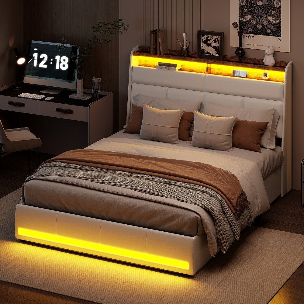 Dubbel Opbergbed – Opbergbed Met Lade – Opklapbed – Bed Met Opbergruimte – Led Bed – 140x200 Cm – PU Leder & Metaal – Gasdrukveren – Usb Oplaadpoorten