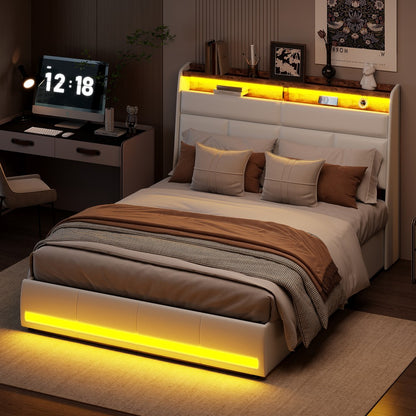 Dubbel Opbergbed – Opbergbed Met Lade – Opklapbed – Bed Met Opbergruimte – Led Bed – 140x200 Cm – PU Leder & Metaal – Gasdrukveren – Usb Oplaadpoorten