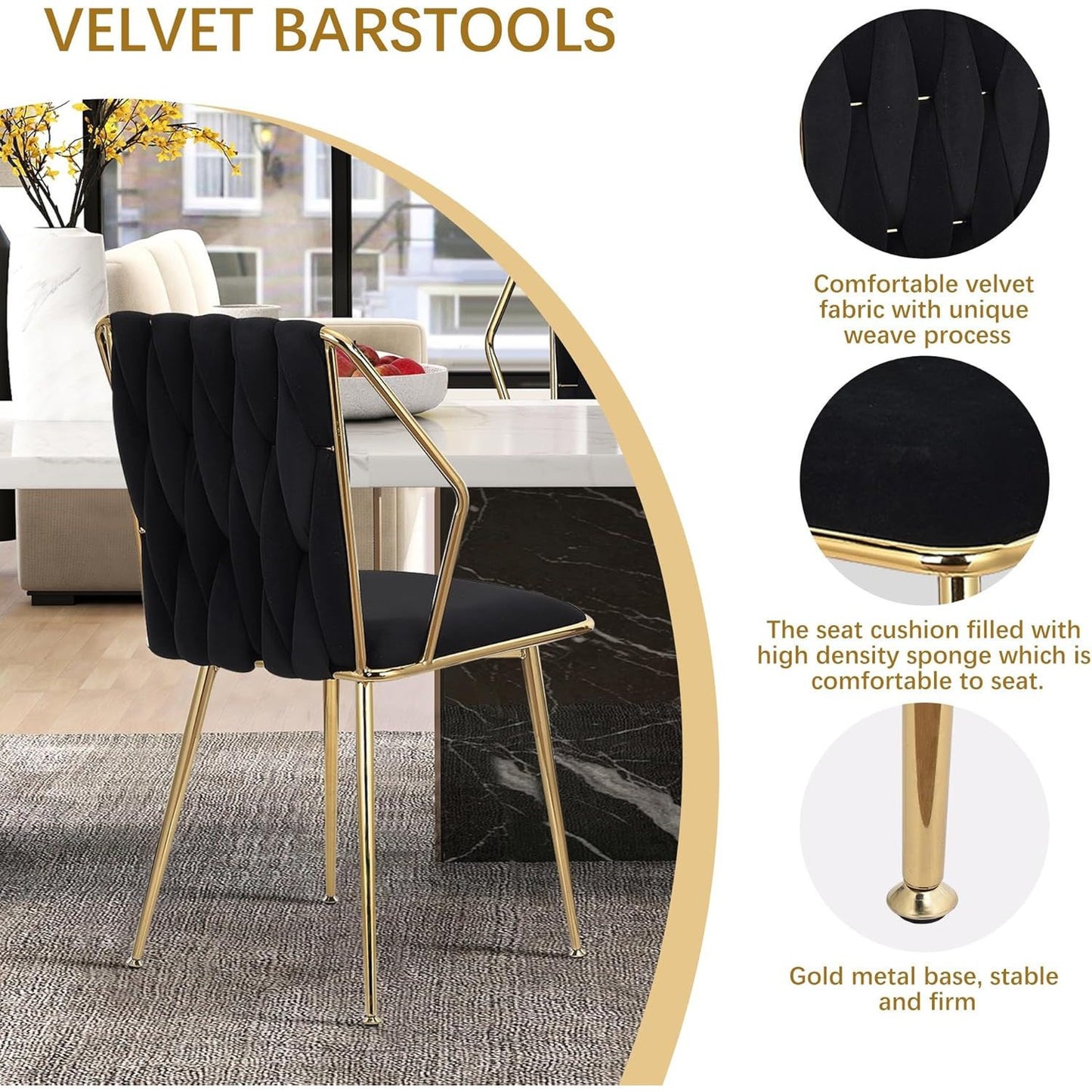 Eetkamerstoel – Stoel – Bureaustoel – Keukenstoel – Woonkamerstoel – Zwarte Velvet Bekleding – Stevig Metalen Frame