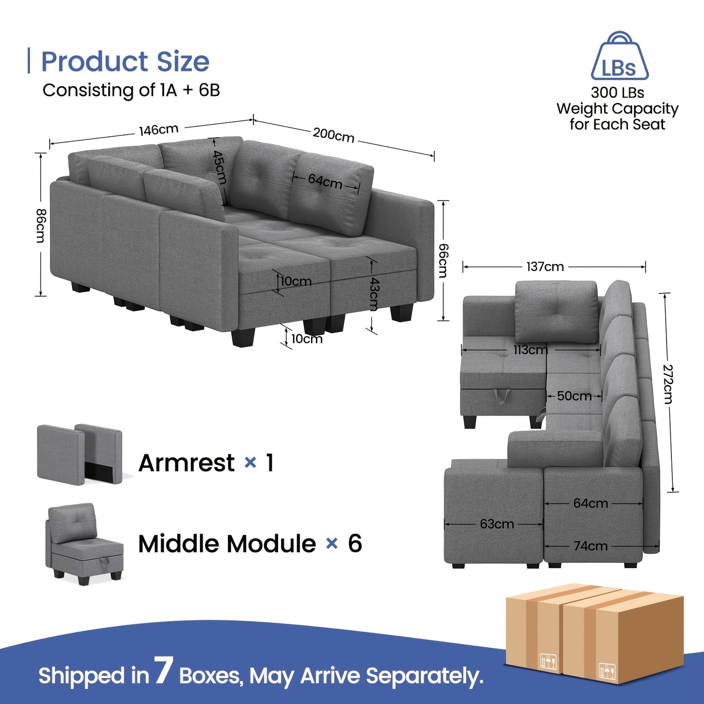 Modulaire U-vormige Hoekbank – Sectional Bank – L-vormige Sofa – Zitbank Met Opbergruimte – Slaapbank – Memoryfoam Zitting – Verwijderbare Kussens – Grijze Stoffen Bank Voor 6 Personen