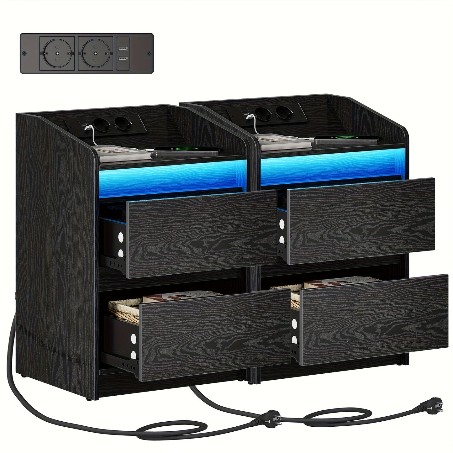 Nachtkastje – Nachtkastjes – Bijzettafel – Ladekast – Opbergkastje – Set van 2 – Ingebouwd Stopcontact & USB – Modern Design met 2 Lades – Zwart