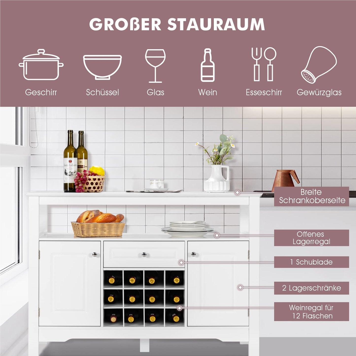 Buffetkast – Dressoir – Keukenkast – Opbergkast – Wijnkast – MDF Hout – 116 x 40 x 82 cm – Wit