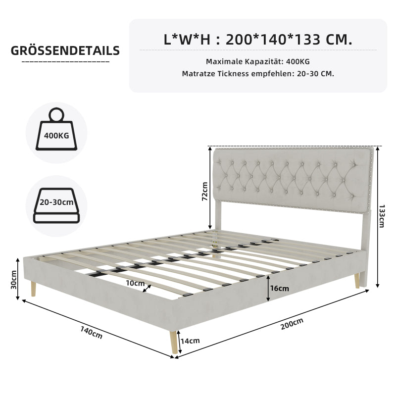 Bed – Bedframe – Slaapbed – Boxspring – Ledikant – Beige Stoffen Hoofdbord Met Geheugenfoam – Lage Boxframe 140x200 cm