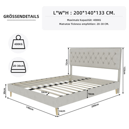 Bed – Bedframe – Slaapbed – Boxspring – Ledikant – Beige Stoffen Hoofdbord Met Geheugenfoam – Lage Boxframe 140x200 cm