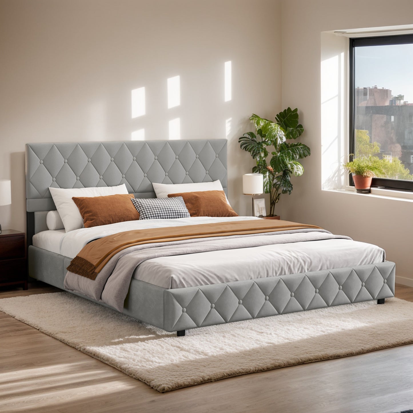 Tweepersoonsbed – Boxspringbed – Opbergbed – Fluwelen Bed – Slaapkamerbed – 180x200 cm – Hydraulische Opbergruimte – Lichtgrijs Met Gepolsterd Hoofdeinde